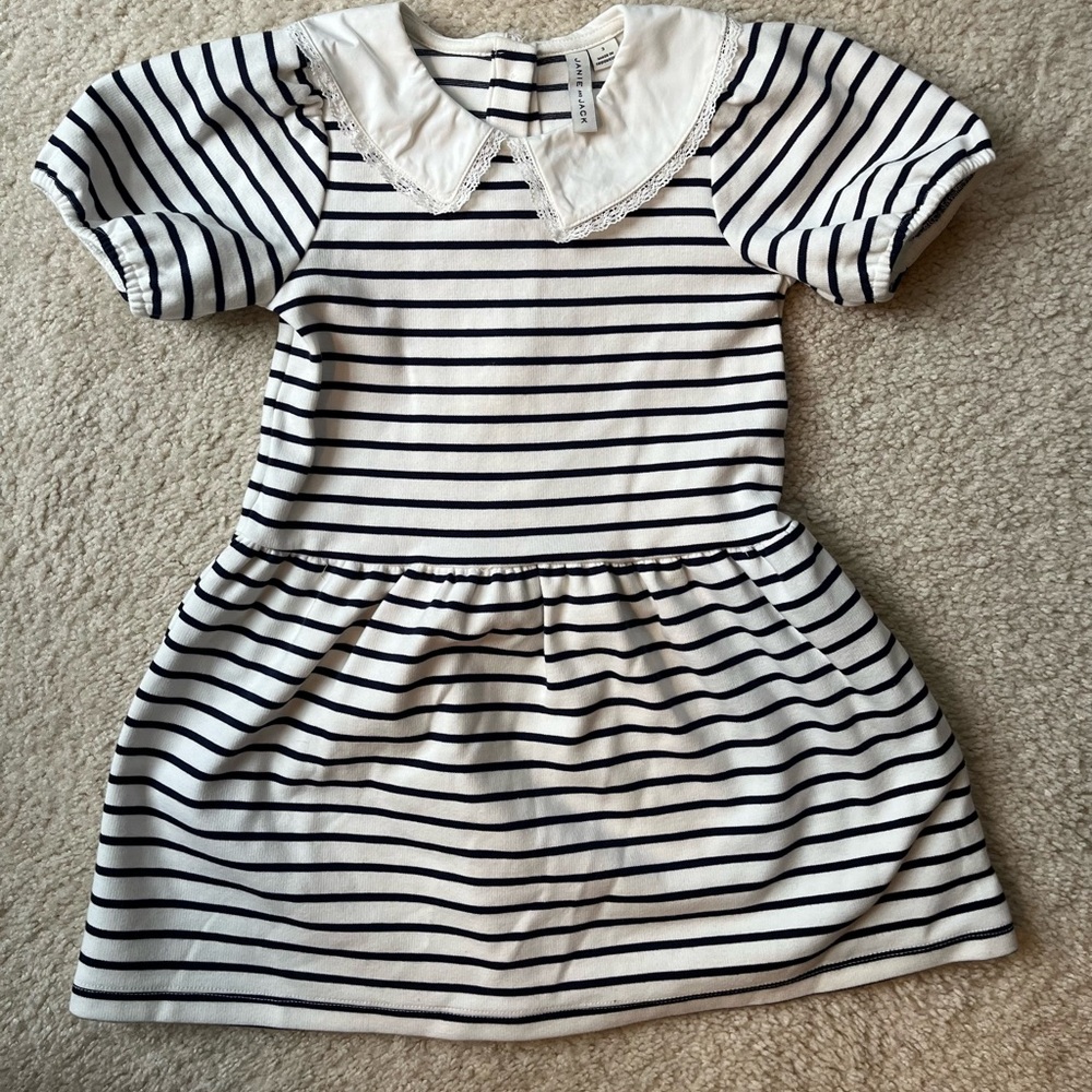 Janie and Jack White Dress with Navy Stripes and lace trimmed Peter Pan Collar